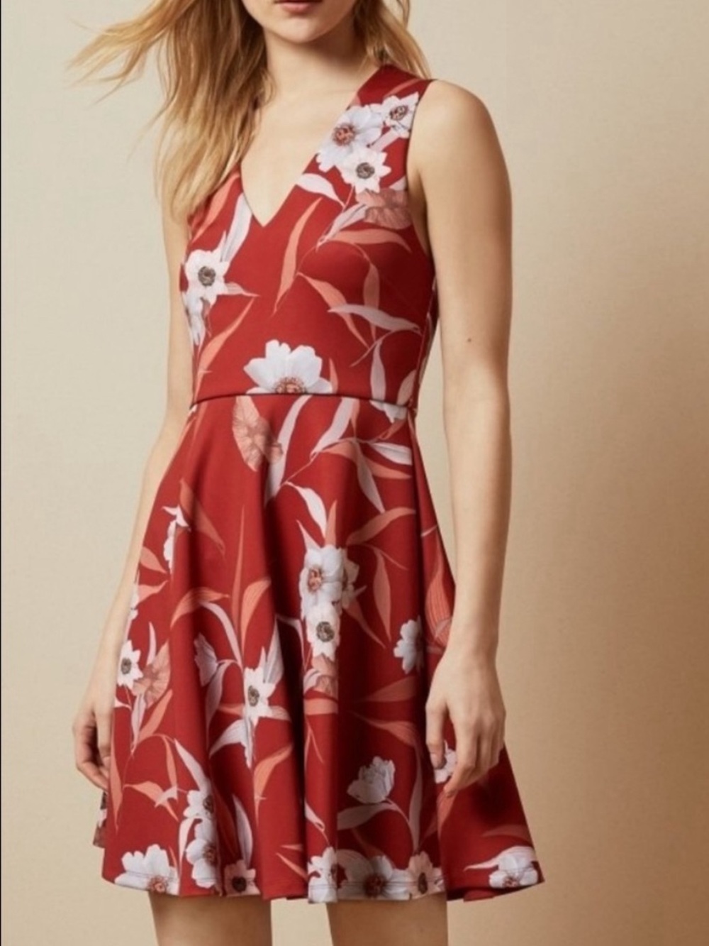 Ted Baker London Red Floral V-Neck Skater Mini Dress